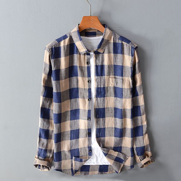 

2021 new arrival men's linen plaid long-sleeved loose casual fashion shirt male spring breathable shirts mens camisa chemise t06t, White;black