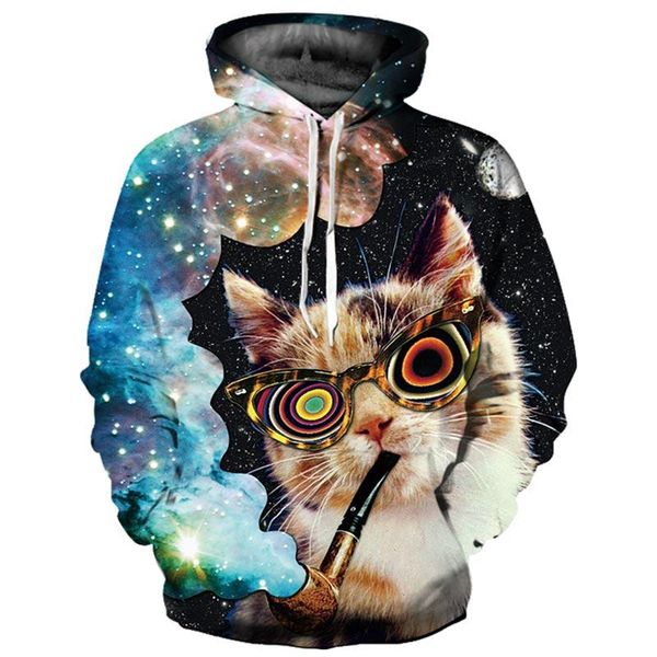 

men's hoodies & sweatshirts glasses smoking galaxy cat men/women 3d hooded tracksuit digital print hoody pullovers with hat yxql599, Black