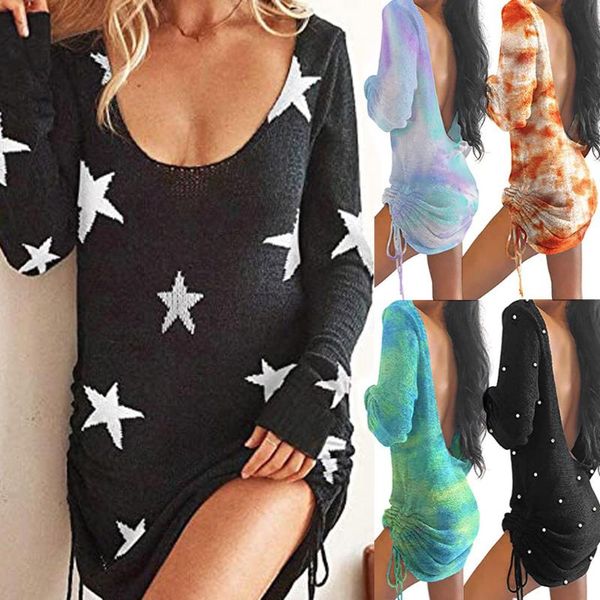 

casual dresses backless knitted mini dress women o neck long sleeve slim drawstring ruched female, Black;gray
