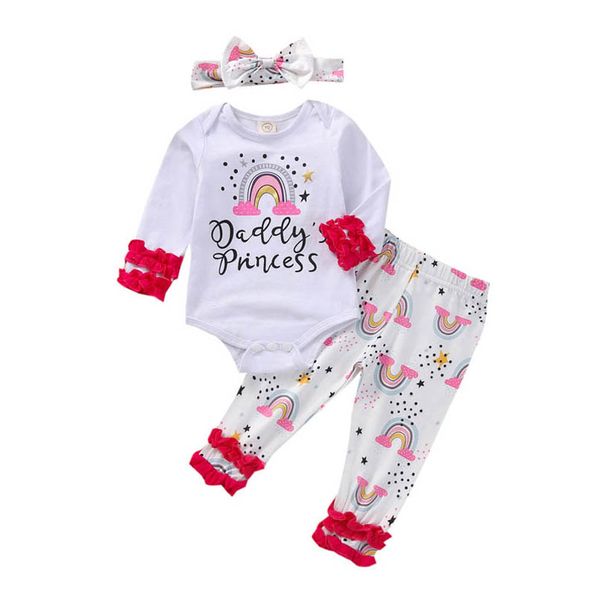 

infant clothing sets girls outfits baby clothes spring autumn cotton long-sleeved rompers jumpsuit letter rainbow print pp pants headbands 3, White