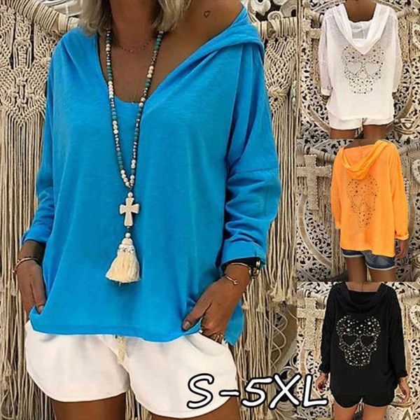 

solid long sleeve casual womens sweatshirts v neck oversized hooded pullovers autumn skull printed plus size, Black