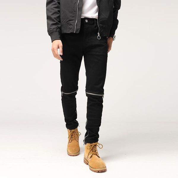 

men's jeans street style fashion men black elastic slim fit zipper spliced designer biker hip hop denim punk ripped pants, Blue
