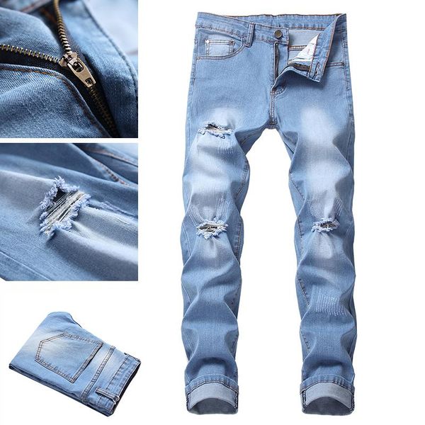 

men's jeans summer thin straight-leg self-cultivation washed casual cowboy pants tide, Blue