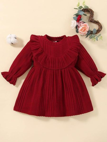 

baby ribbed knit ruffle trim flounce sleeve dress she, Red;yellow