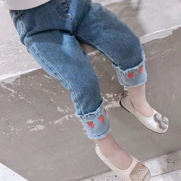 

girls embroidered jeans 2021 spring new children's clothing pants outer wear elastic baby korean foot trousers, Blue