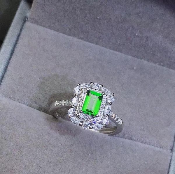 

cluster rings fashion grace square pillow natural green diopside ring s925 silver gemstone gem women's party gift jewelry, Golden;silver