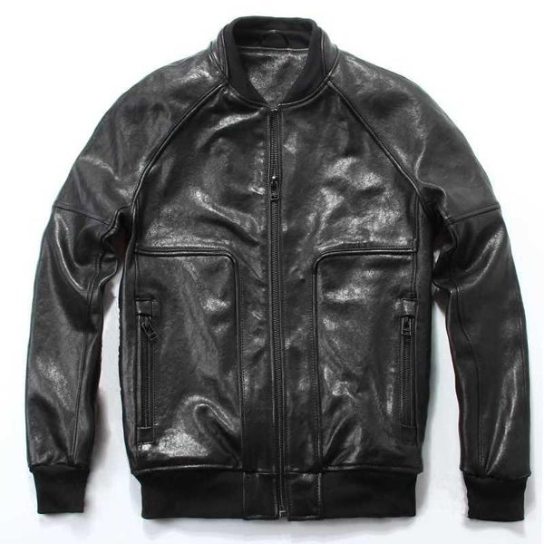 

men's leather & faux fashion genuine baseball jacket natural soft sheepskin casual coat men slim fit pilot for, Black