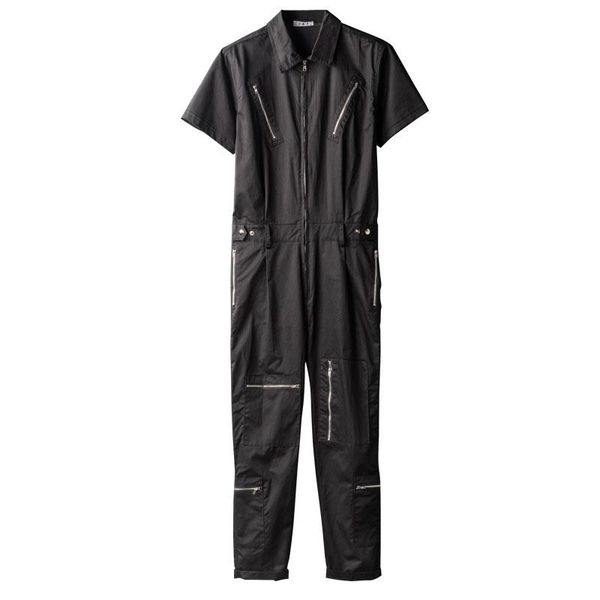 

men's pants 2021 summer overalls men jumpsuit lapel cotton short sleeve multi-pocket zipper hip hop streetwear black gray trousers