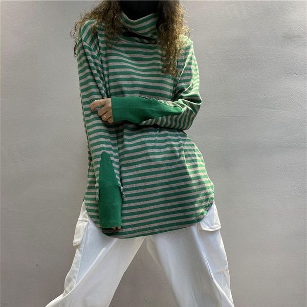 

women's t-shirt spring autumn arts style women long sleeve turtleneck loose tshirt cotton striped casual tee shirt femme vintage v233, White
