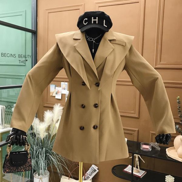 

2021 early autumn new design jacket female streetwear turn-down collar double breasted solid fall 2021 women clothing, Black;brown