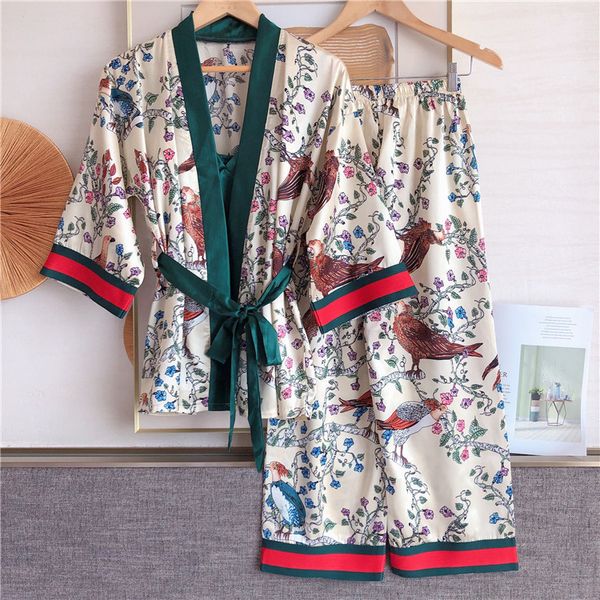 

women's sleepwear large pajama set, silk flower pattern pajamas and trousers, home, summer, 3 pieces, Black;red