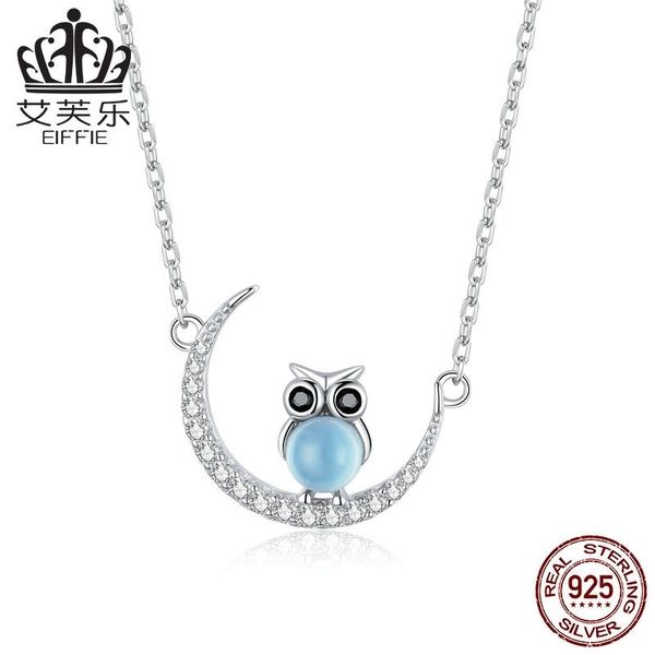 

avelle fashion pure silver simple moon owl necklace platinum zircon plated crescent girl pendant, Black