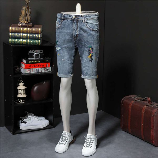 

2021summer denim shorts men's thin split elastic trend personalized embroidered pants, Blue