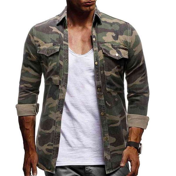 Frühling Herbst Camouflage Freizeithemd Langarm Denim für Mann Armee Grün Herrenbluse 210721