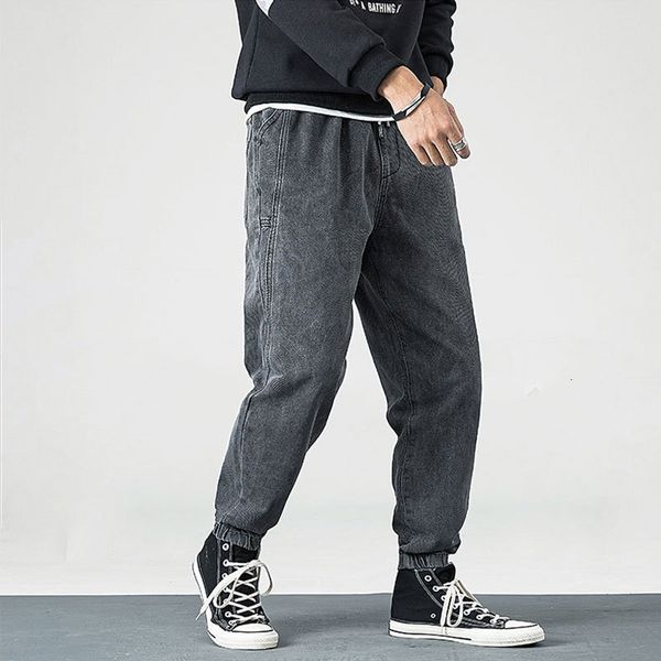 

2021 new japanese vintage fashion loose fit black gray spliced designer harem streetwear hip hop jeans men joggers pants njlu, Blue