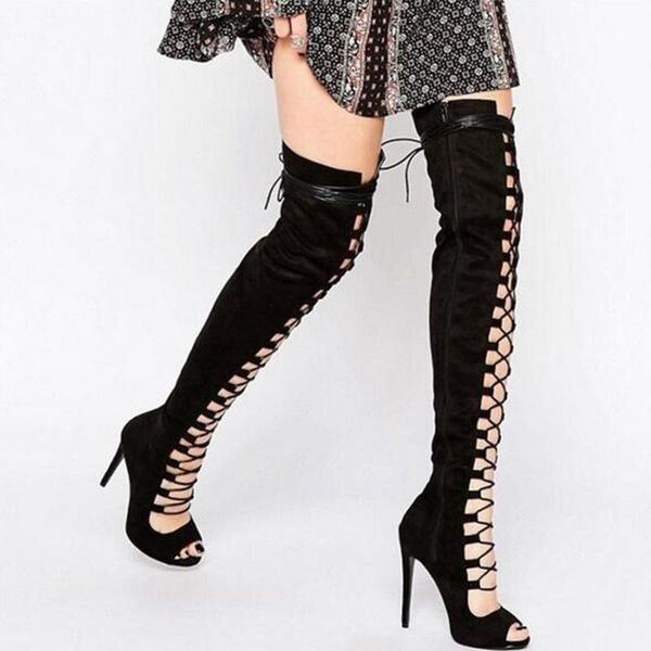 

boots women's knee high black 2021 summer and autumn thin heels zipper fashion shoes women open toe thighs