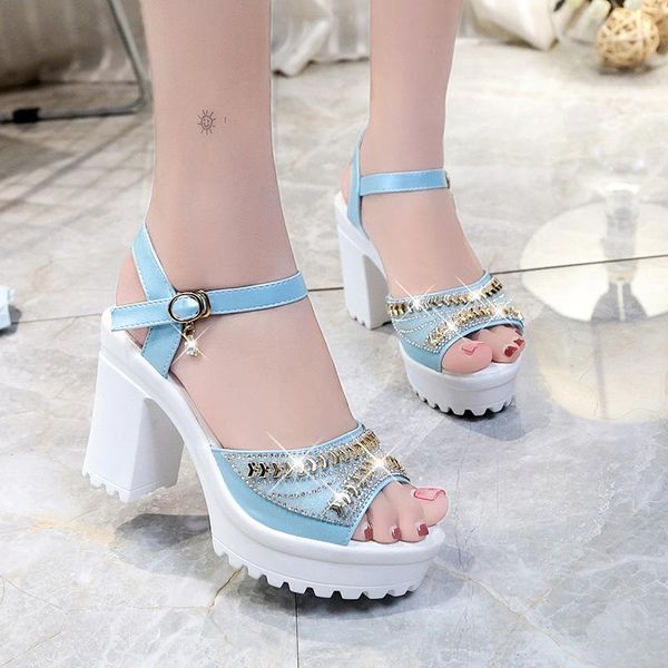 

high heel sandals women thick heel rhinestone platform hollow sandals open toe waterproof platform fish mouth women's shoes, Black