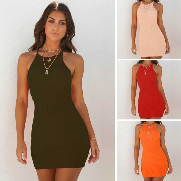 

summer tight mini dress women sleeveless solid color dress ladies casual o-neck short dress package hip vestidos 210528, Black;gray