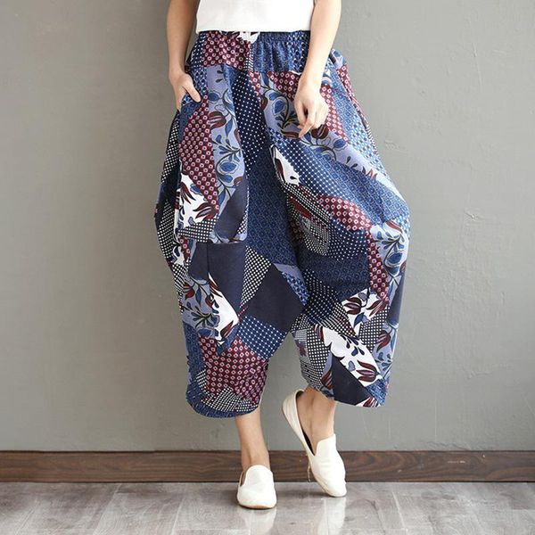 

women's pants & capris missky women summer casual printing cotton linen loose wide leg knickerbockers female trousers, Black;white
