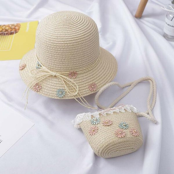 

backpacks fashion kid girls travel summer beach straw knitting small breathable cap messenger bag style two sets