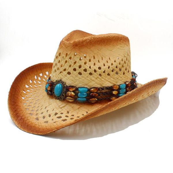 

stingy brim hats women men straw western sun hat with punk leather band lady dad beach sombrero cowboy jazz size 58cm a0063, Blue;gray