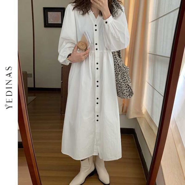 

yedinas autumn female long puff sleeve solid dress women casual loose oversize dresses v-neck ankle-length bohemian vestidos 210527, Black;gray