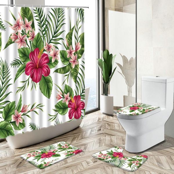 

shower curtains tropical plant leaf flower curtain summer floral watercolor art european style bathroom rug toilet lid cover bath mat set