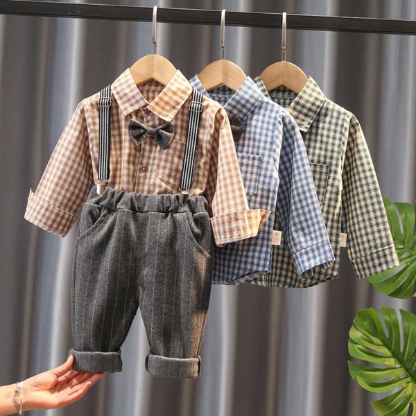 

baby plaid shirt single breasted two piece set xiaoxinxin 2021 spring and autumn children's long sleeve suspenders suit, Blue