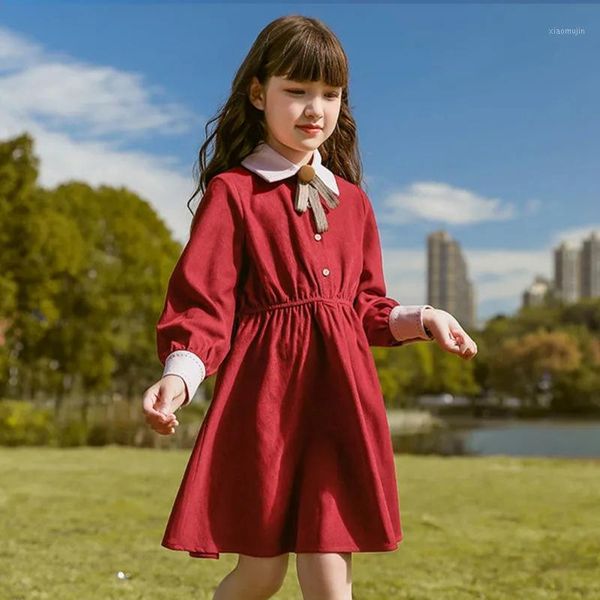 

girl's dresses retro long sleeve fashion teenage girls dress 2021 spring red bow kids for 6-16years children's clothing vestidos, Red;yellow