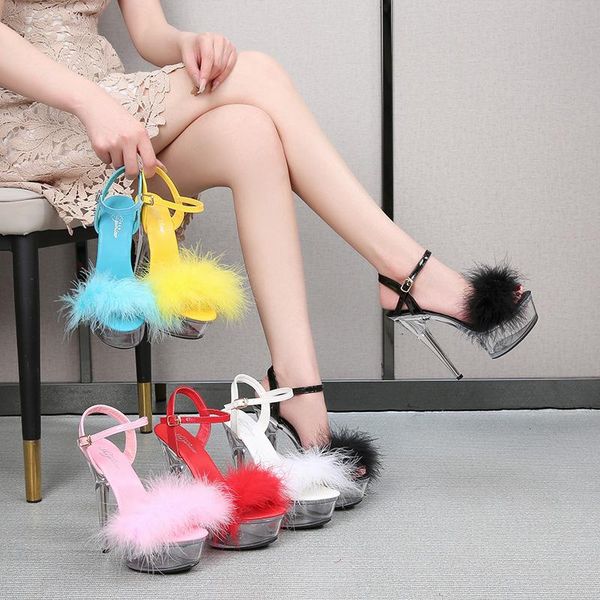 

pole dance feather transparent sandals fur women 13/15 cm platform shoes 2021 pumps strippers heels black white red yellow