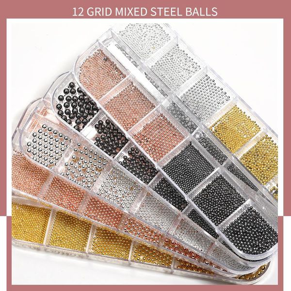 

nail art decorations 1 piece of 12 grid long strip box gold silver rose metal stainless steel ball microbeads mixed size decoration tool, Silver;gold