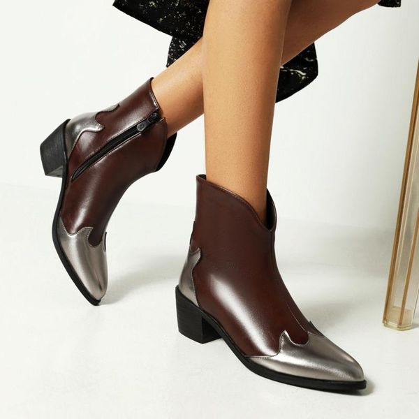 

boots ankle street style pointed toe modern patchwork zip splicing square heel shoes short plush 2021 autumn women, Black