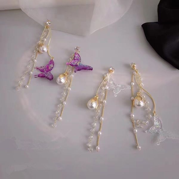 

hbp fashion purple tassel female butterfly long temperament korean asymmetric pearl earrings, Silver