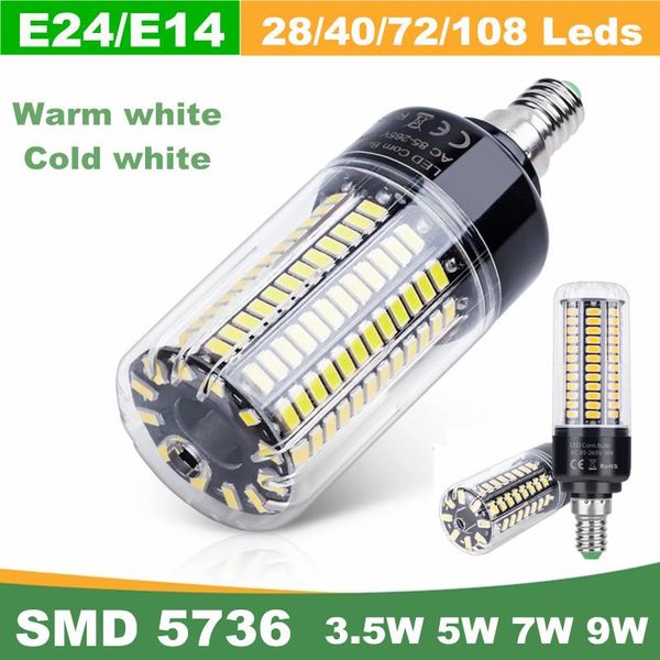 

bulbs e14/e27 corn bulb led lamps 220v high power 28 40 72 108 lights smd 5736 lampada 110v no flicker 85-265v 1pcs