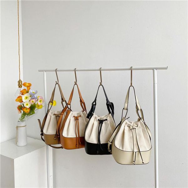 

evening bags women stitching canvas small bucket shoulder femlae korean style handbags casual tassel crossbody bag for girls 2021