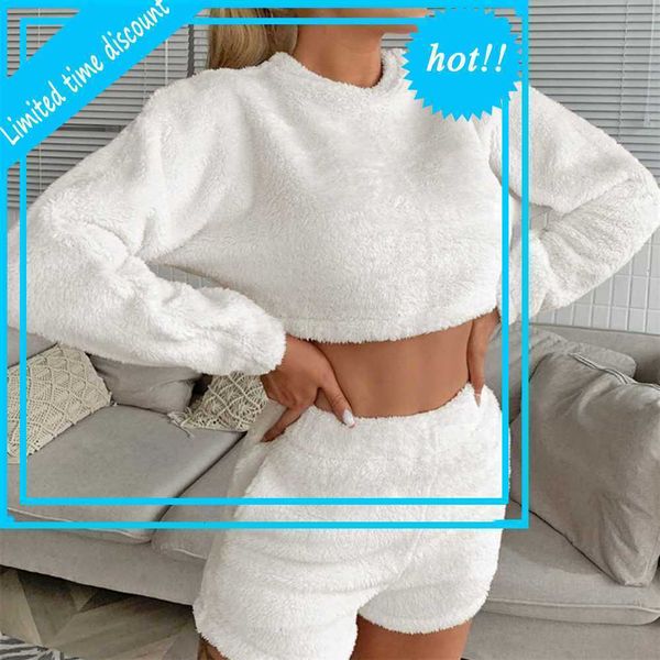 

2021 women's pajamas sets cropped and tall tail shorts broek fleece long mouwen around the neck fall winter clothing pak, Red;black