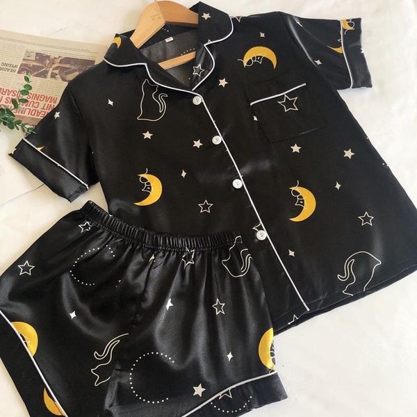 

silk pajamas for women pyjama satin femme night star moon print pajamas set shorts and female women's home suit sleepwear, Black;red