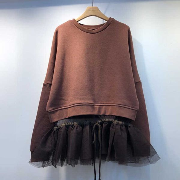 

spring korean loose stitching mesh draw rope head fake two pieces of women's elegant temperament casual hoodies 210615, Black