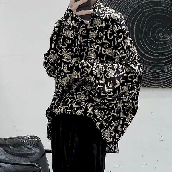 

men's casual shirts korean men shirt long sleeve black letters full print thin fashion high street goth punk spring autumn male clothes, White;black