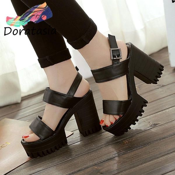 

doratasia 2021 new arrival women solid buckle platform open toe shoes high heel punk quality sandals women sandals, Black