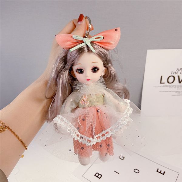 

korean version lovely bow dot skirt doll key chain creative guofeng long hair princess pendant schoolbag accessories, Silver