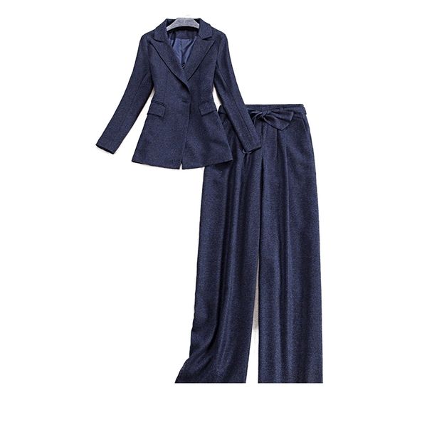 

winter women's clothing high-quality professional office pants two-piece long sleeve ladies woolen jacket casual wide-leg 210527, White