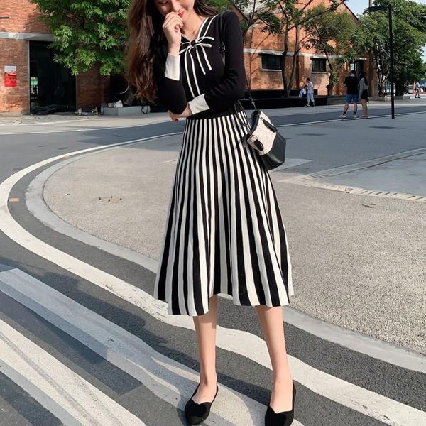 

two piece dress fall winter bow knot tie up long sleeve elegant pullovers and mid skirt o-neck shiny striped contrast pleated 2 sets, White