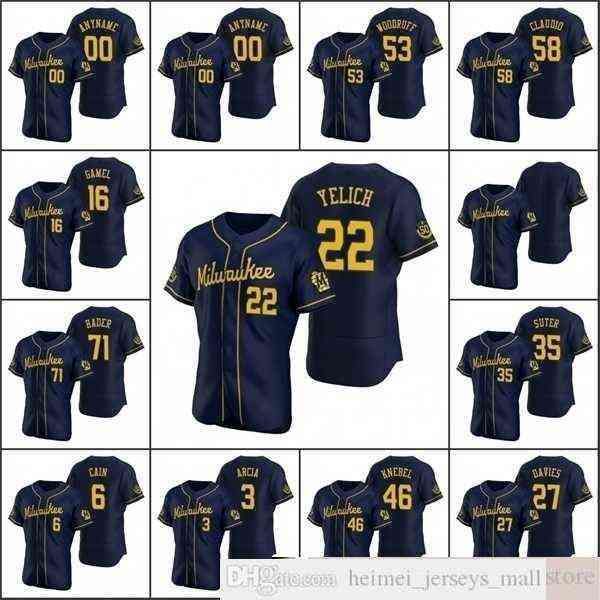 

2022 men #22 christian yelich baseball jerseys 52 jimmy nelson 27 zach davies custom women youth navy authentic alternate jersey, Black