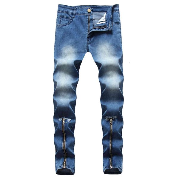 

men's jeans 2021 jeans cut hole long zipper men's slim leggings fashion, Blue