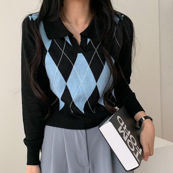 

women's sweaters autumn and winter korean version of retro rhombus color matching wild thin collar long-sleeved sweater women, White;black