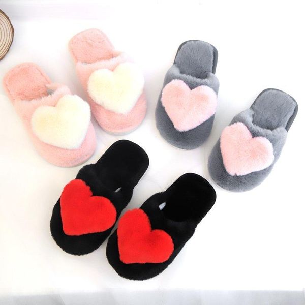 

fashion women cotton slippers ladies winter cute love heart plush flat slides indoor non-slip woman warm slippers home t, Black