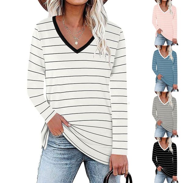 

new women's stripe contrast v-neck side split long sleeve t-shirt, White