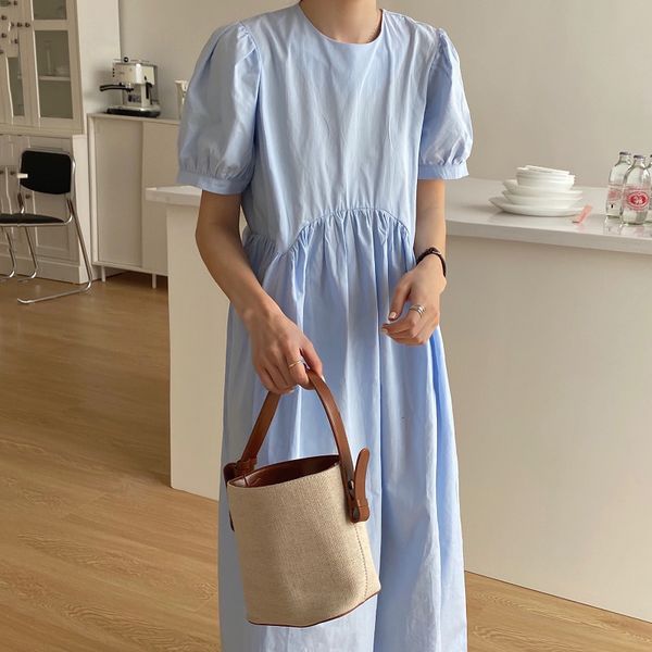 

casual dresses retro gentle blue and white round neck irregular folds high waist loose puff sleeve dress 83mf, Black;gray