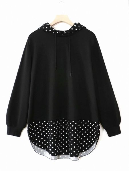 

plus polka dot drawstring high low hem hoodie c7ho#, Black